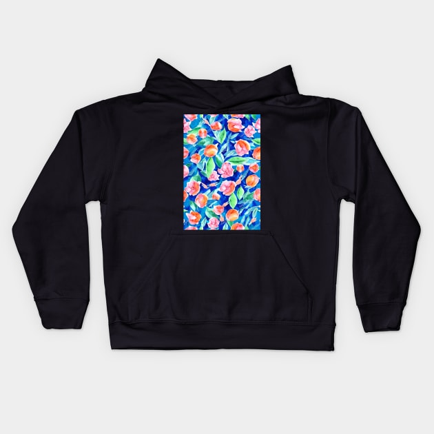 Blue Aesthetic Watercolor Floral Pattern with Orange and Pink Blossoms Kids Hoodie by BubbleMench